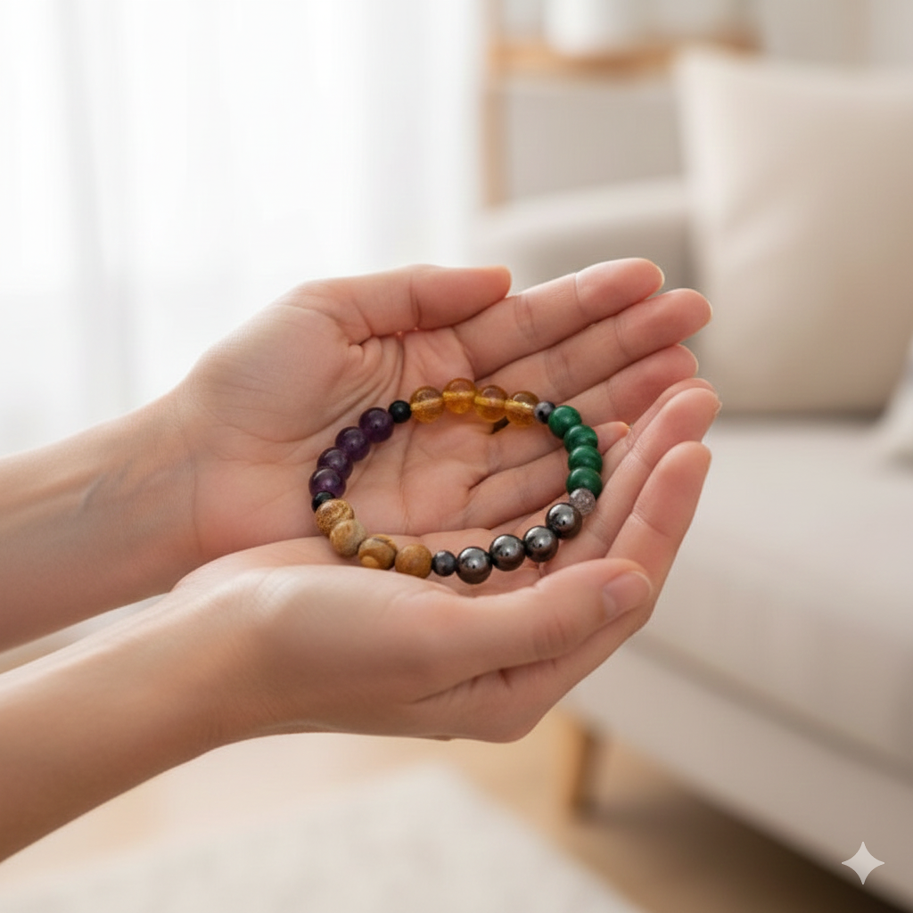 Kala Cultural Wholesale: "The Fortified Soul" Fear & Anxiety Bracelet – Amethyst, Black Rutile, Citrine, Hematite, Jasper, & Malachite