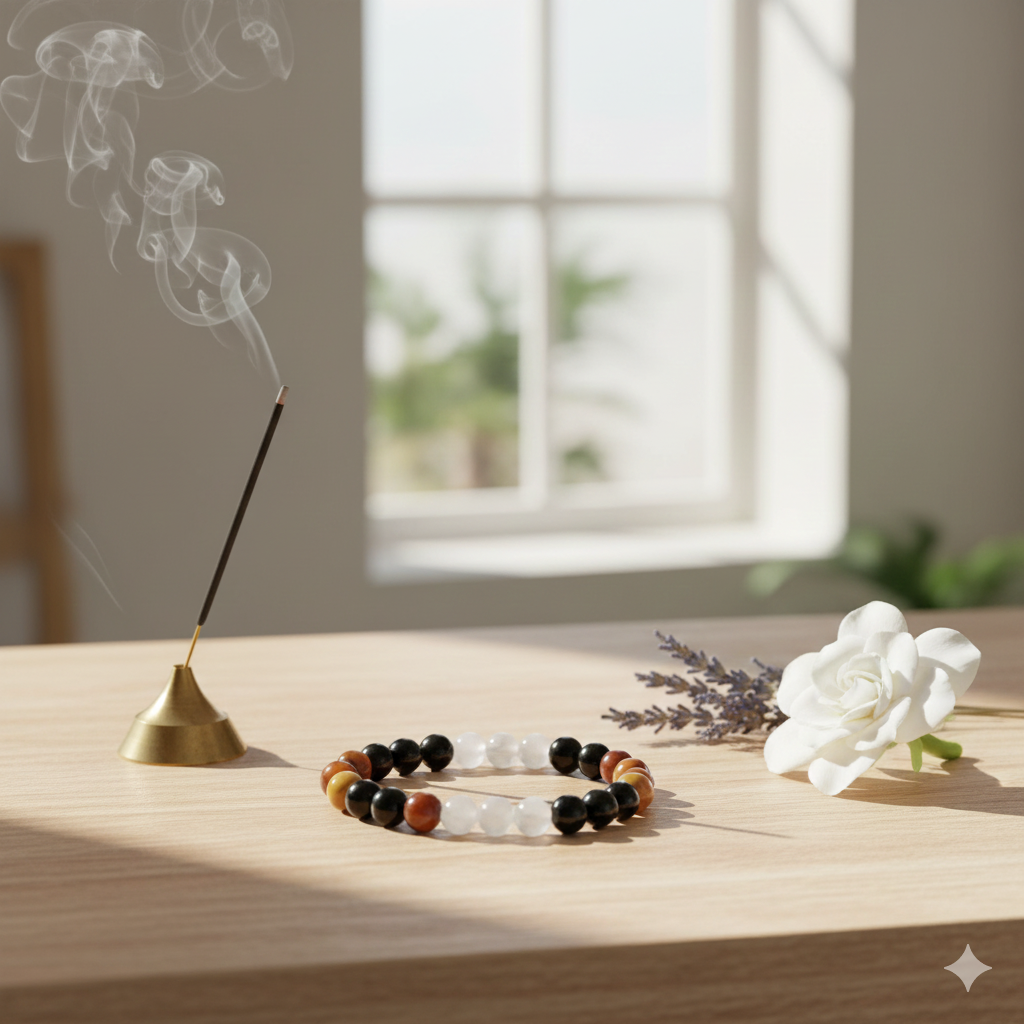 Kala Cultural Wholesale: "Vitality & Growth" Hair Support Bracelet – Natural Black Tourmaline, Mookaite Jasper, Moonstone, & Smoky Quartz